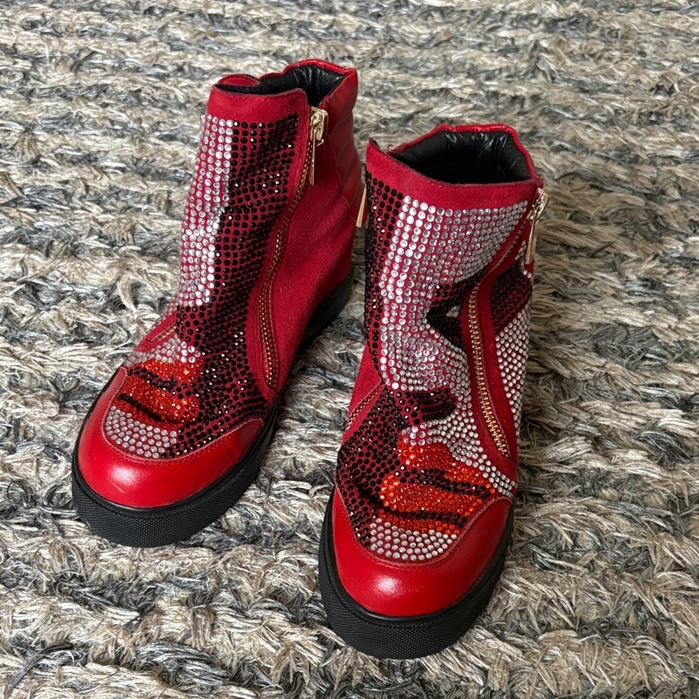 Giuseppe Zanotti Crystal High Top Sneakers Red Black Rhinestone Zip, Size 36